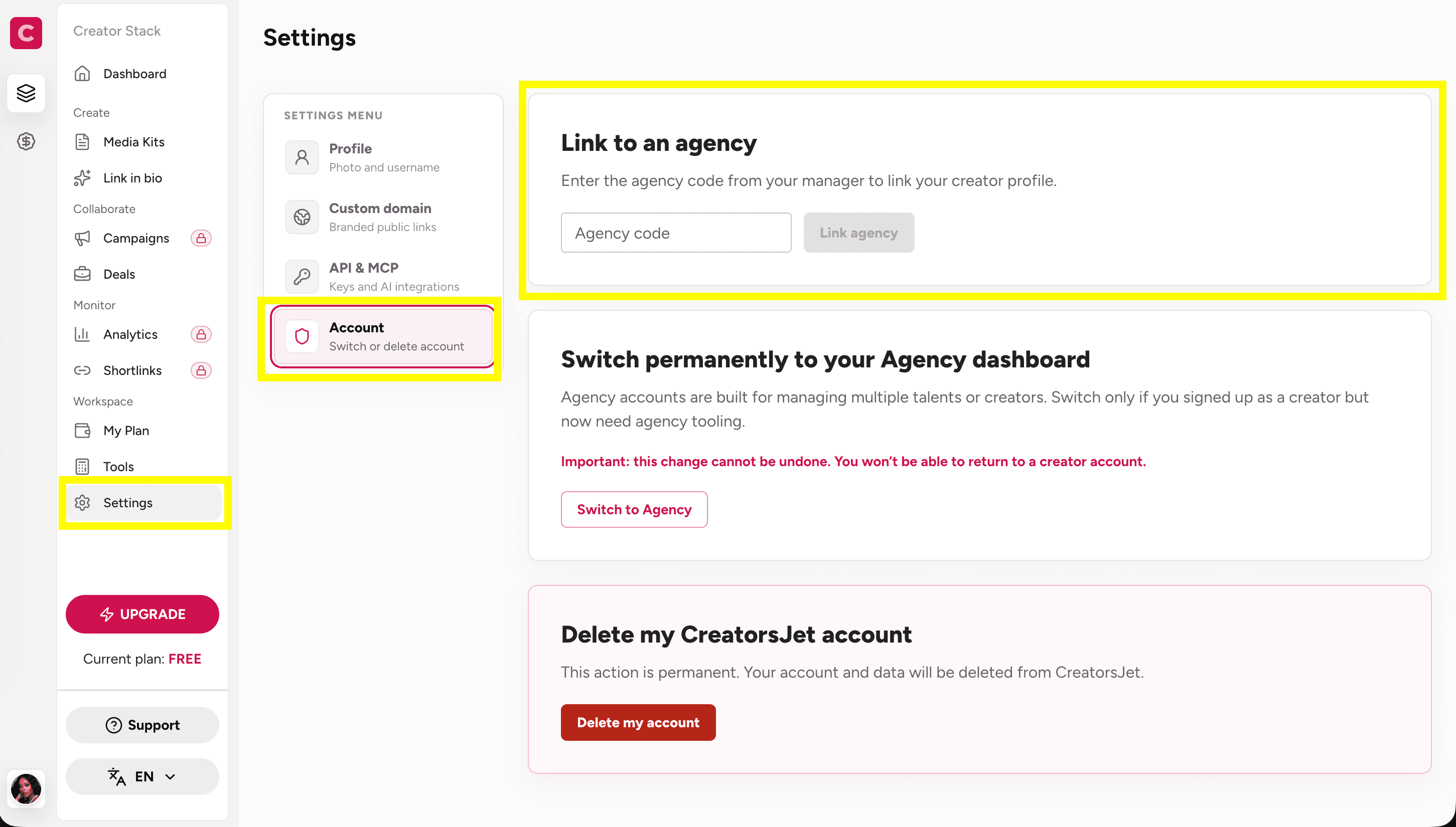 The Settings and Account options, plus the Link to an agency form.